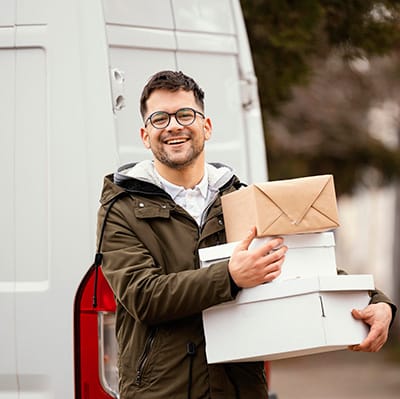 Odbiór gotowych materiałów poligraficznych w drukarni przy ul. Kochanowskiego w Rzeszowie.